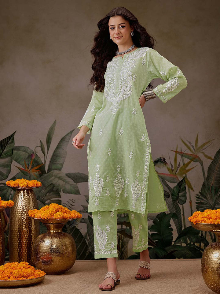 Green-Cotton-Lucknowi-Chikankari-2-Piece-Kurta-Set