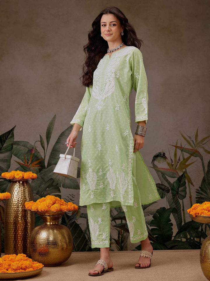 Green-Cotton-Lucknowi-Chikankari-2-Piece-Kurta-Set