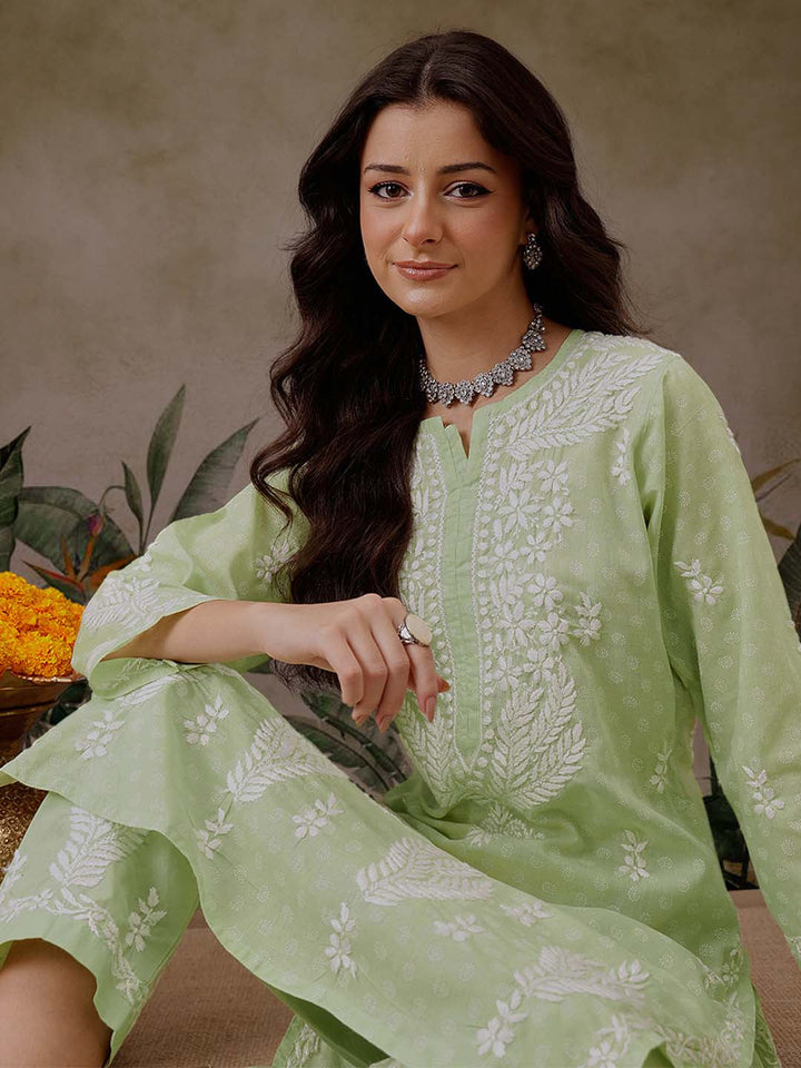 Green-Cotton-Lucknowi-Chikankari-2-Piece-Kurta-Set