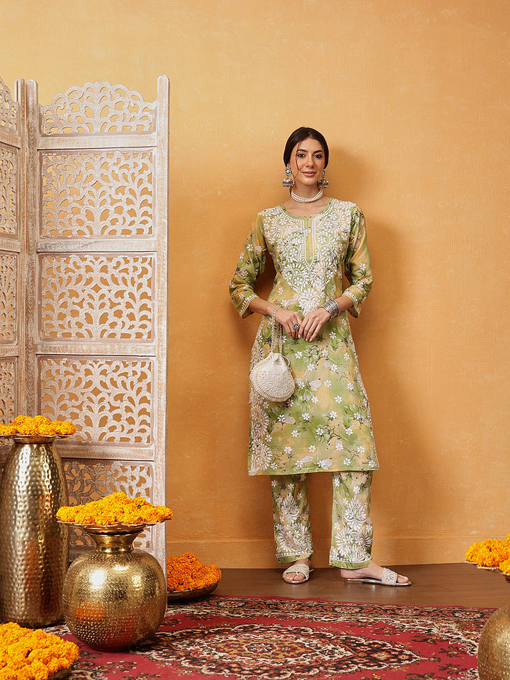 Green-Cotton-Lucknowi-Chikankari-Printed-Kurta-Set