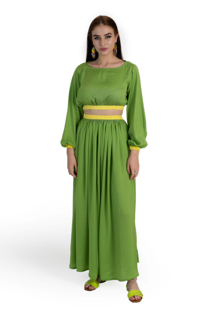 Green Crinkle Matte Satin Kalki Skirt Set