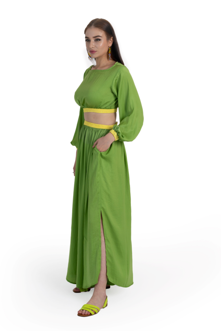 Green Crinkle Matte Satin Kalki Skirt Set
