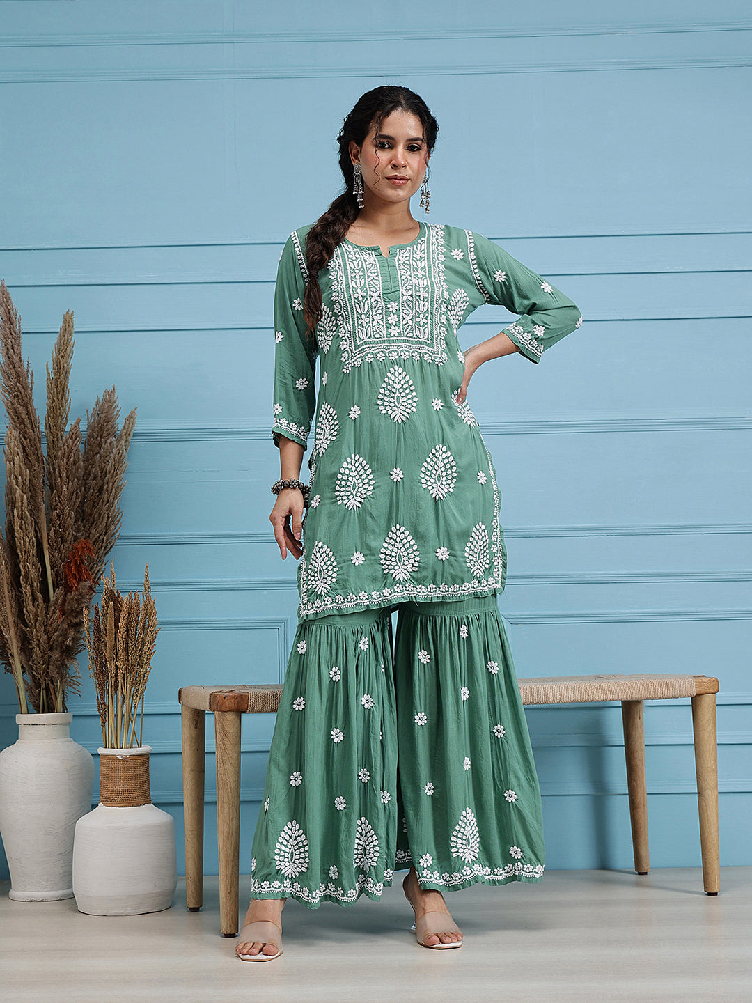 Green-Modal-Lucknowi-Chikankari-Sharara-Set-(Set-Of-2)