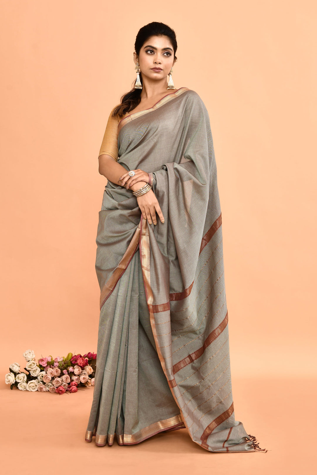 ZERESOUQ-Grey-Pure-Cotton-Maheshwari-Saree