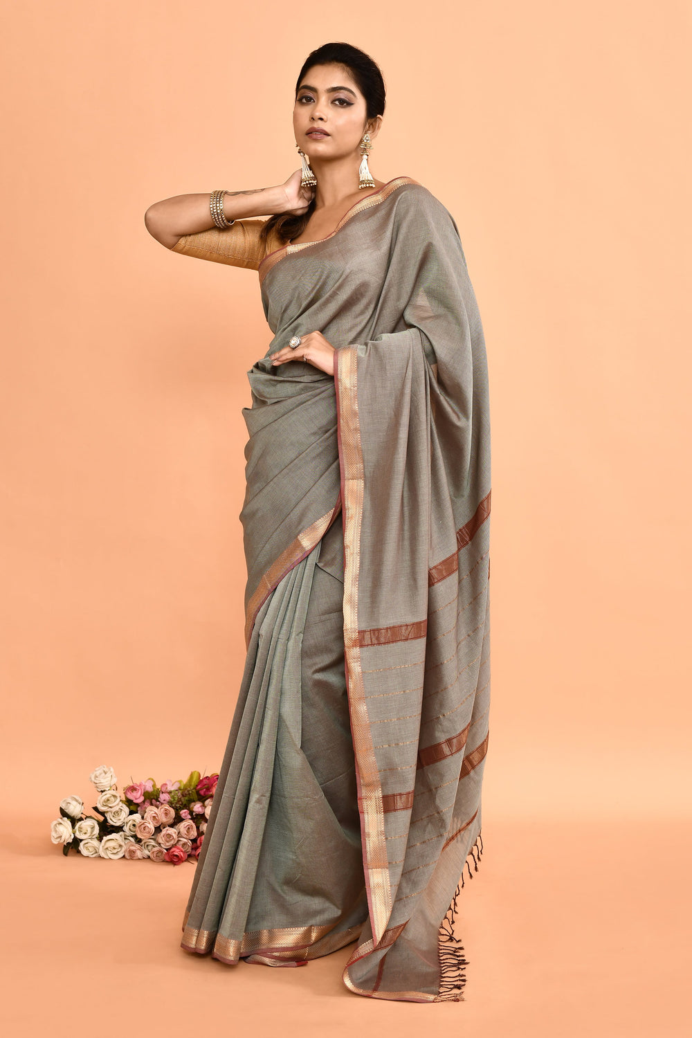 ZERESOUQ-Grey-Pure-Cotton-Maheshwari-Saree