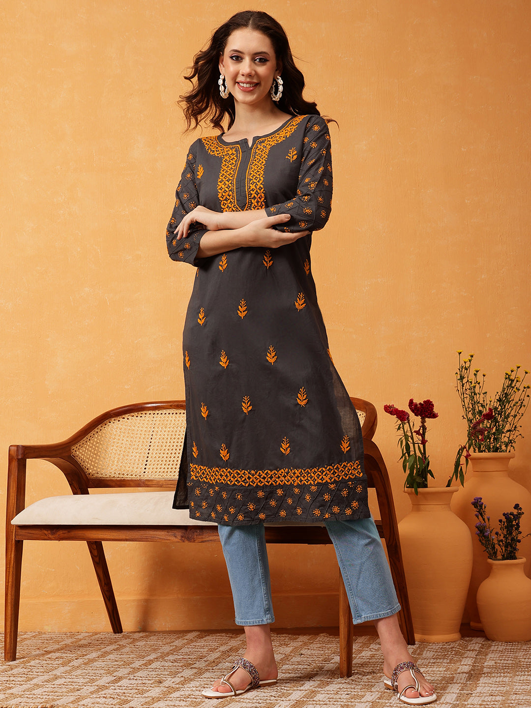 Grey & Mustard Sustainable Cotton Chikankari Kurta