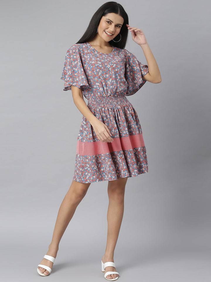 Grey-&-Red-Floral-Printed-Fit-And-Flare-Dress