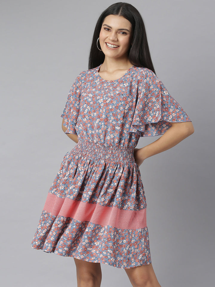 Grey-&-Red-Floral-Printed-Fit-And-Flare-Dress