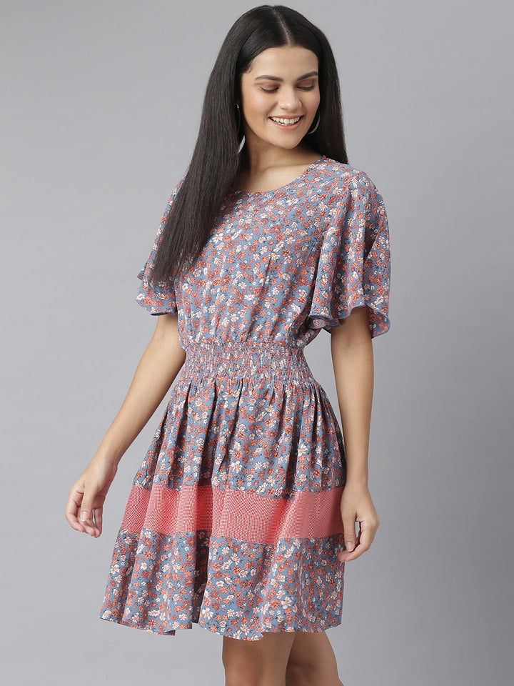 Grey-&-Red-Floral-Printed-Fit-And-Flare-Dress