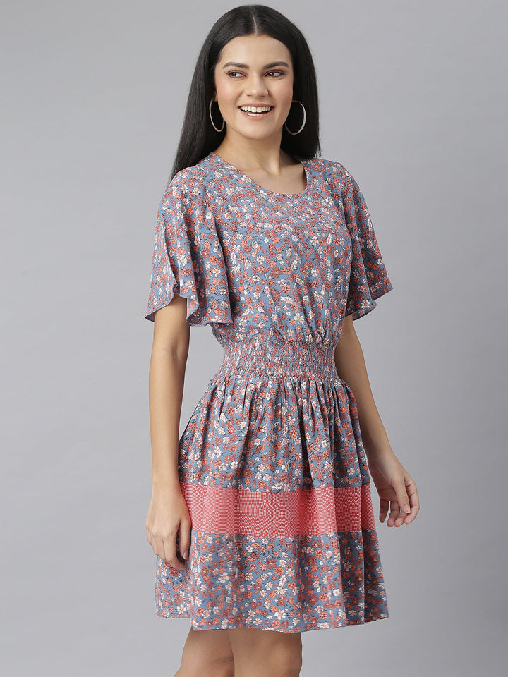 Grey-&-Red-Floral-Printed-Fit-And-Flare-Dress