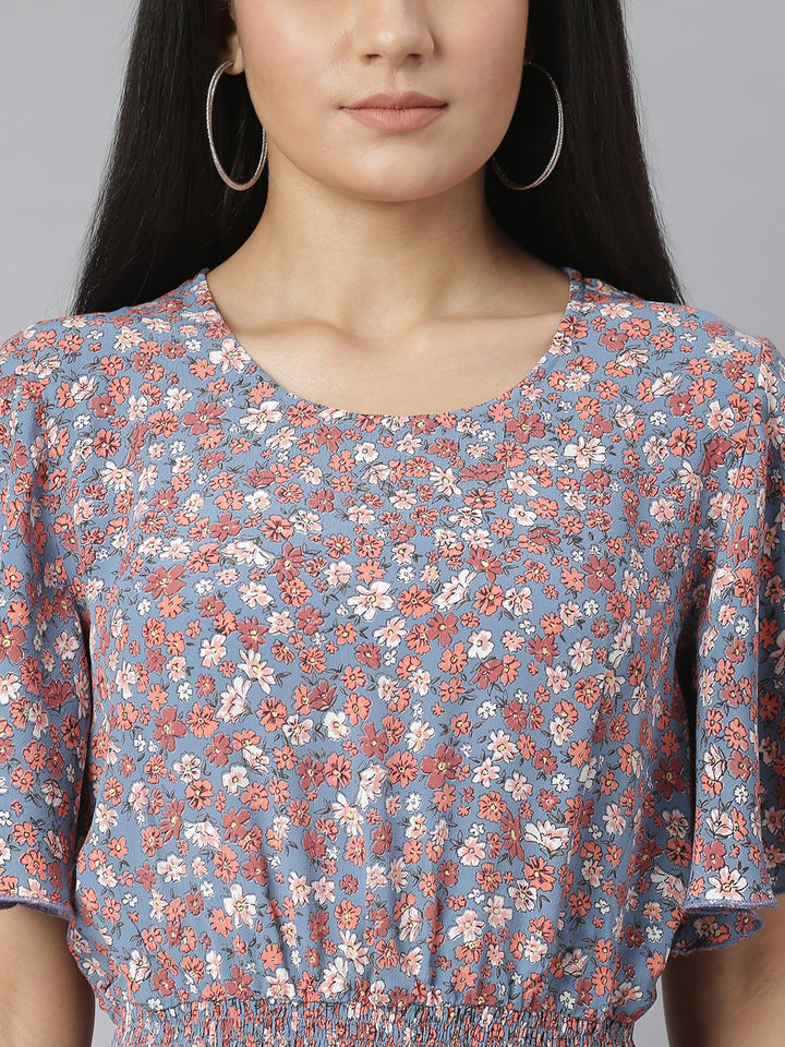 Grey-&-Red-Floral-Printed-Fit-And-Flare-Dress