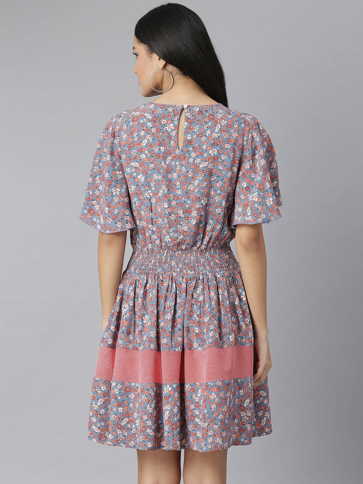 Grey-&-Red-Floral-Printed-Fit-And-Flare-Dress
