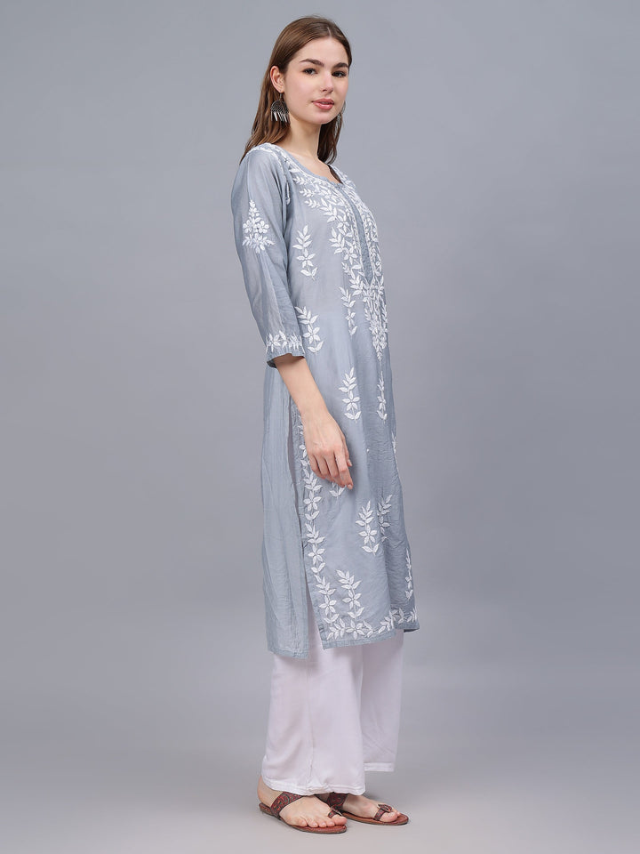 Grey-&-White-Chanderi-Embroidered-Chikankari-Kurti