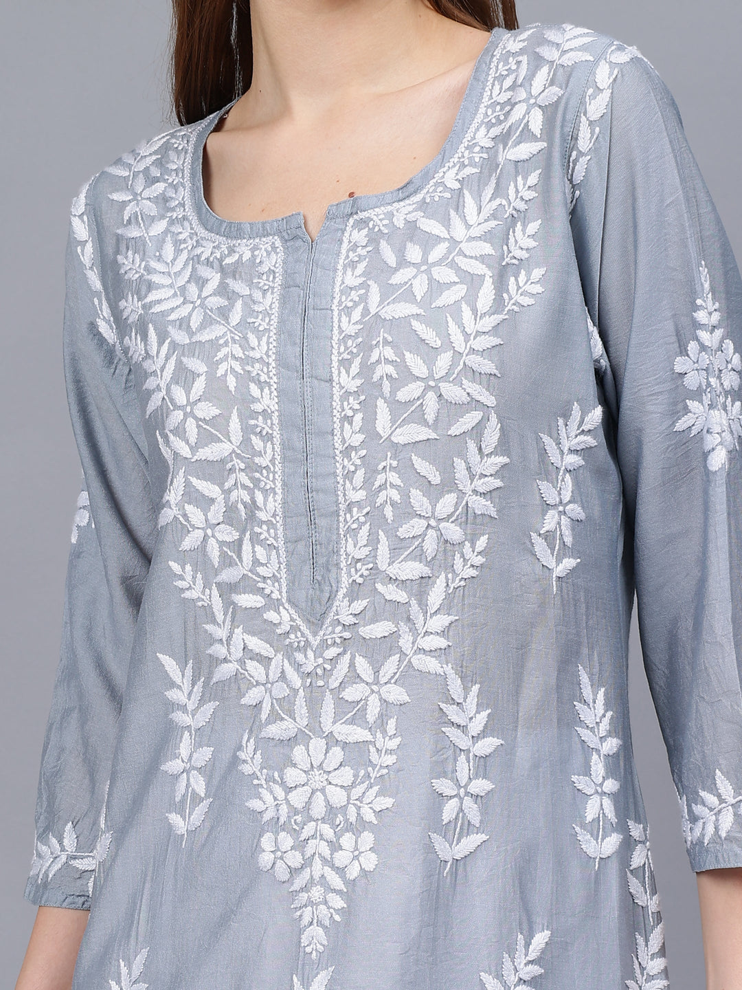 Grey-&-White-Chanderi-Embroidered-Chikankari-Kurti