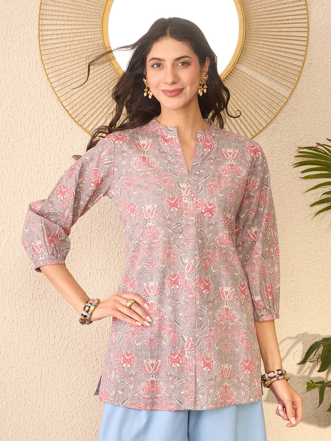 Grey-Cotton-Blend-Floral-Printed-Tunic-Only