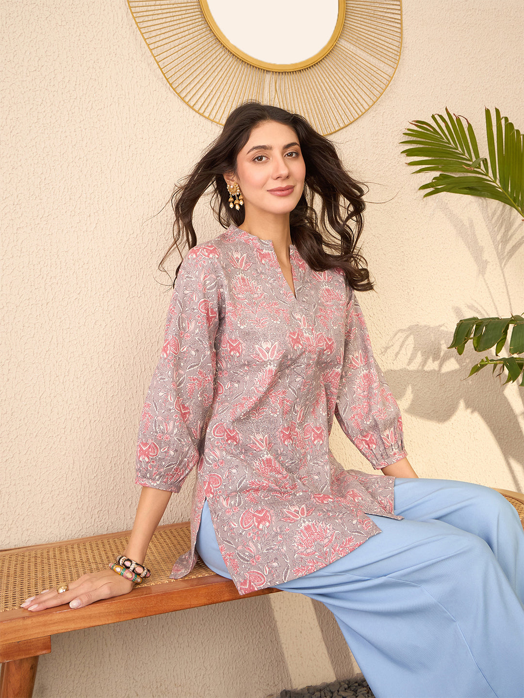 Grey-Cotton-Blend-Floral-Printed-Tunic-Only