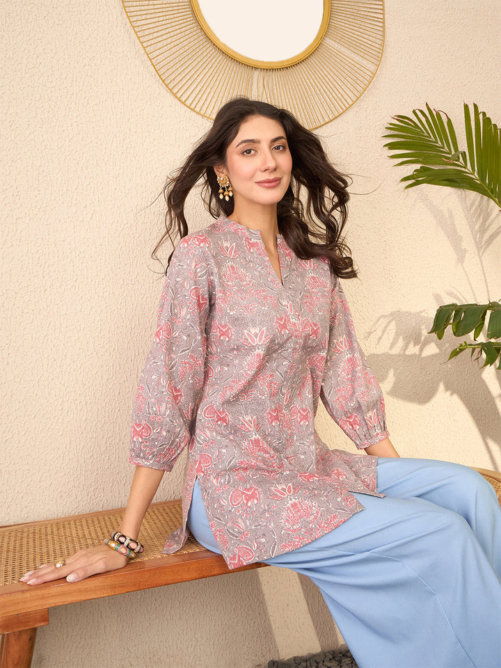 Grey-Cotton-Blend-Floral-Printed-Tunic-Only