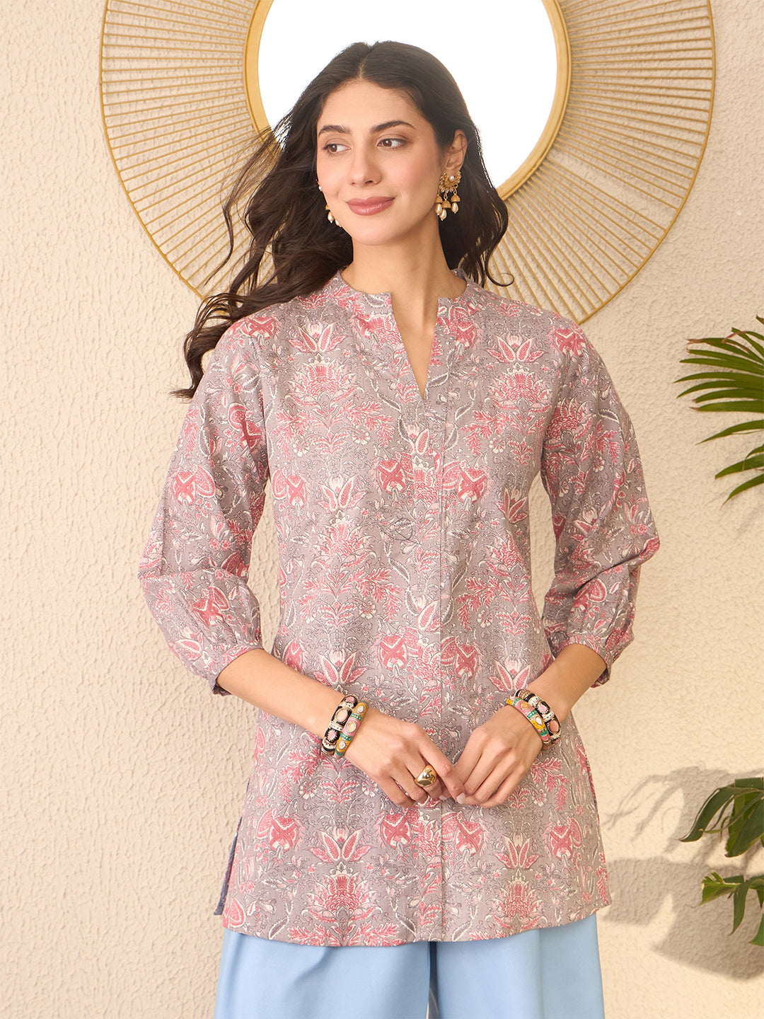 Grey-Cotton-Blend-Floral-Printed-Tunic-Only