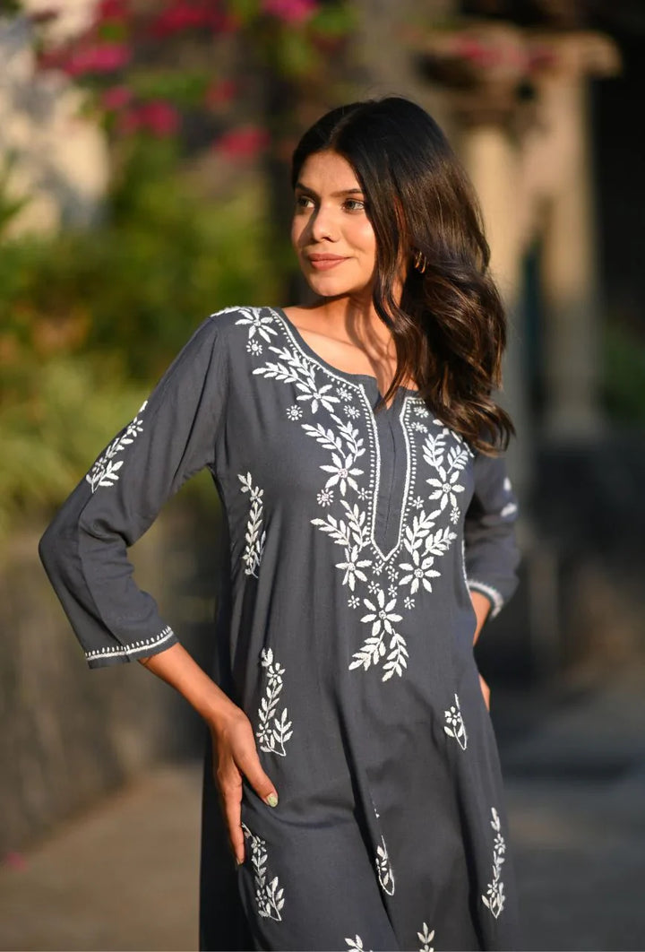 Grey-Cotton-Chikankari-Kurta-Only