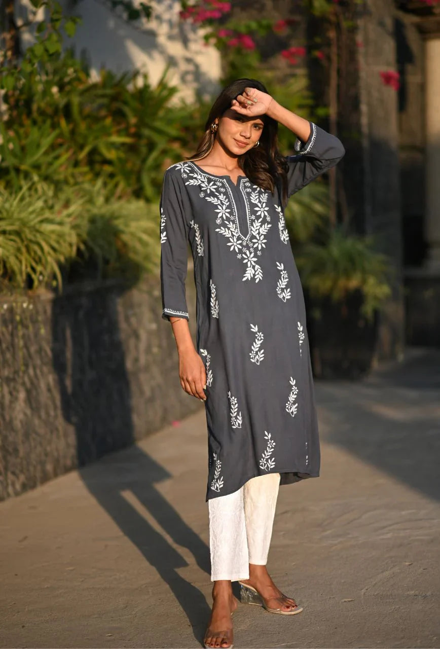 Grey-Cotton-Chikankari-Kurta-Only