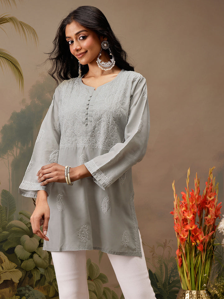 Grey Cotton 100% Original Chikankari Tunic Top