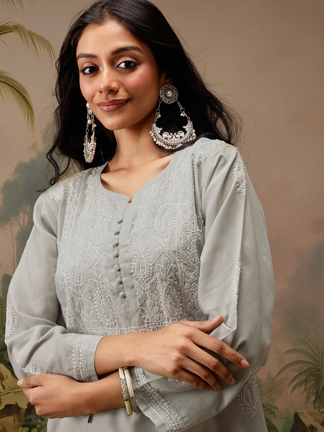 Grey Cotton 100% Original Chikankari Tunic Top