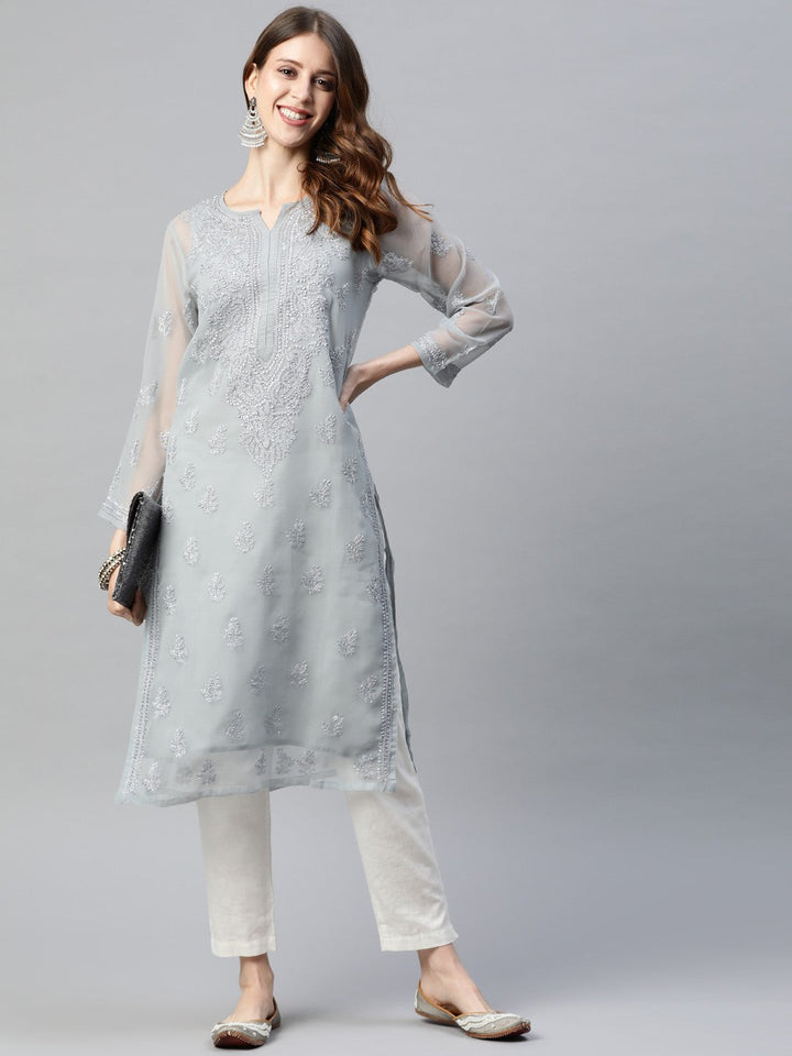 Grey-Poly-Georgette-Embroidered-Chikankari-Kurta-With-Slip