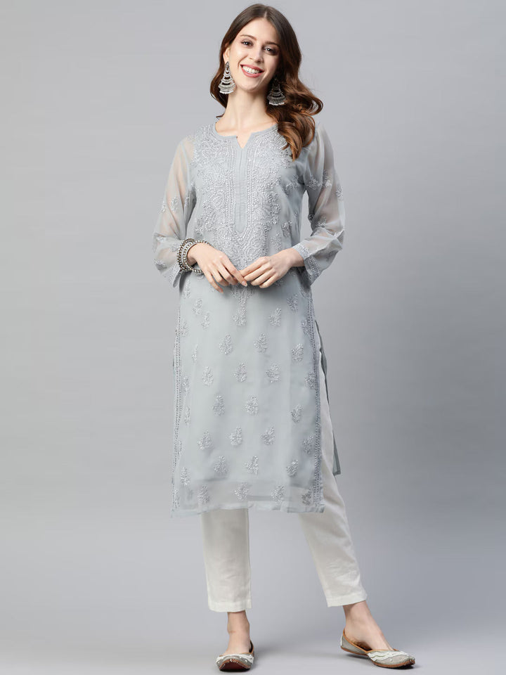 Grey-Poly-Georgette-Embroidered-Chikankari-Kurta-With-Slip