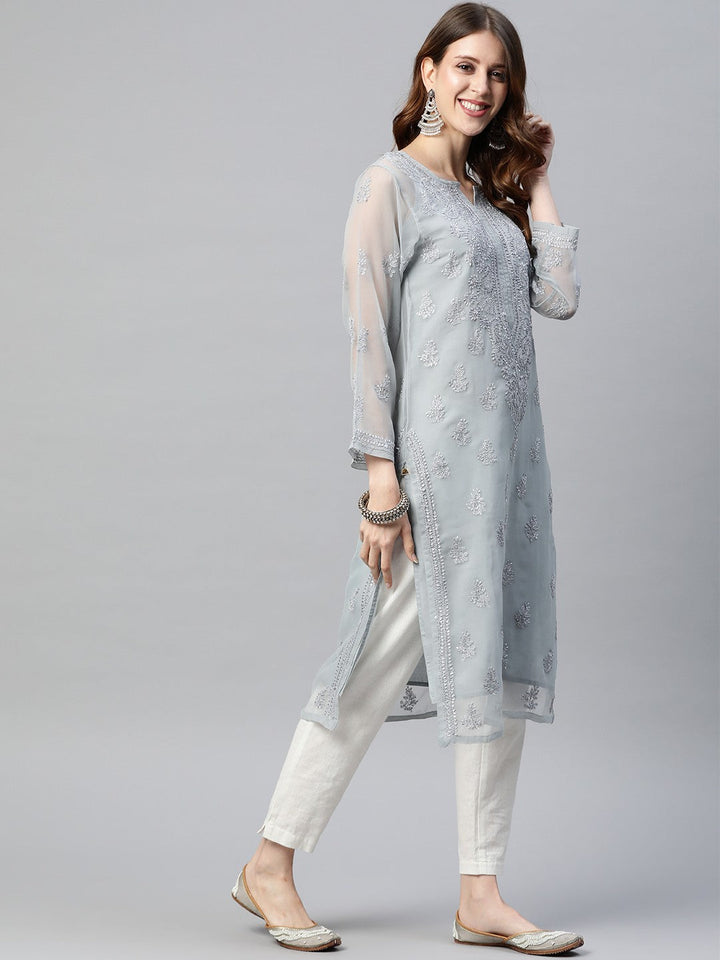 Grey-Poly-Georgette-Embroidered-Chikankari-Kurta-With-Slip