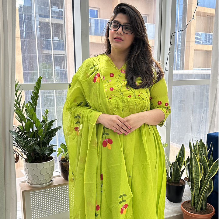 Lime Green Cotton Embroidered Gulbahaar Anarkali  Set