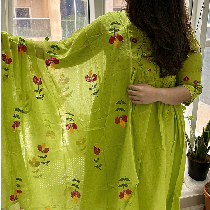 Lime Green Cotton Embroidered Gulbahaar Anarkali  Set