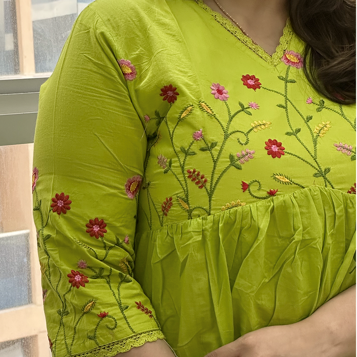 Lime Green Cotton Embroidered Gulbahaar Anarkali  Set