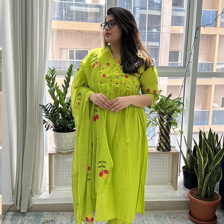 Lime Green Cotton Embroidered Gulbahaar Anarkali  Set