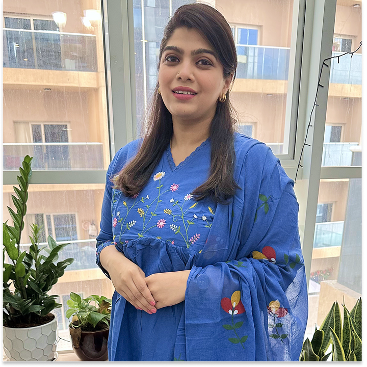 Royal Blue Cotton Gulbahaar Floral Anarkali Set