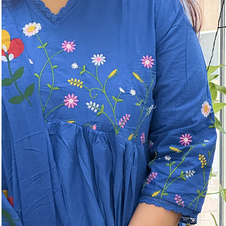Royal Blue Cotton Gulbahaar Floral Anarkali Set