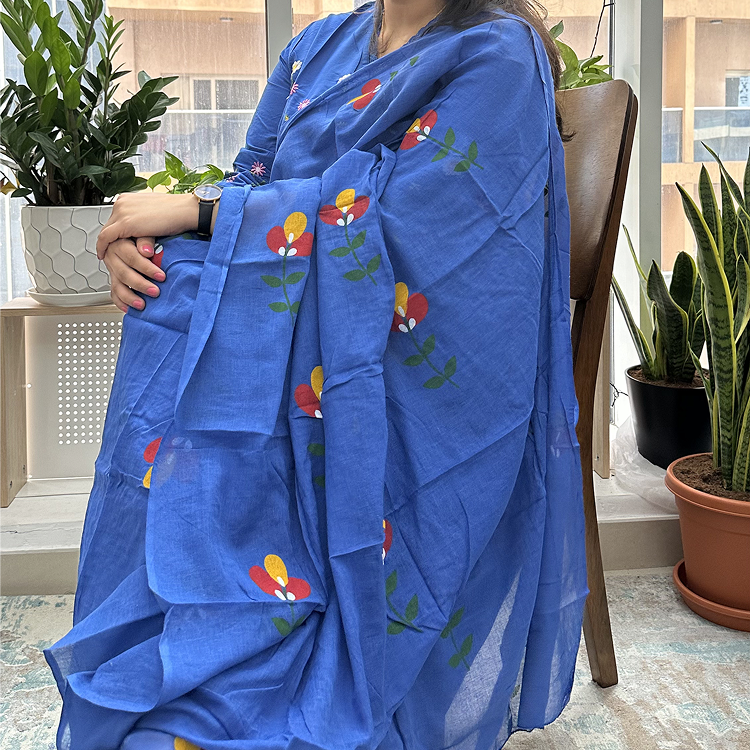 Royal Blue Cotton Gulbahaar Floral Anarkali Set