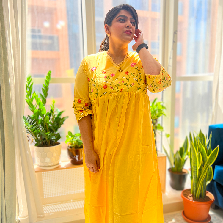 Yellow Cotton Gulbahaar Floral Anarkali Set