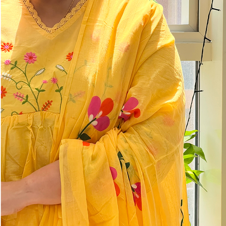 Yellow Cotton Gulbahaar Floral Anarkali Set