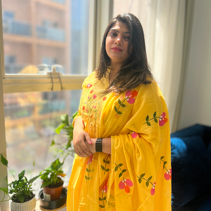 Yellow Cotton Gulbahaar Floral Anarkali Set