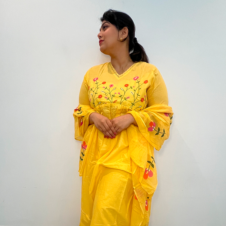 Yellow Cotton Gulbahaar Floral Anarkali Set