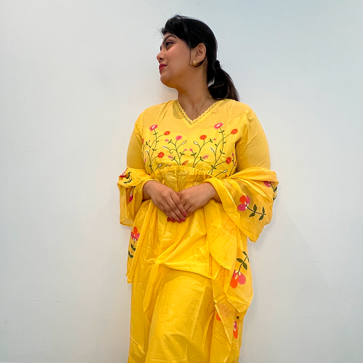 Yellow Cotton Gulbahaar Floral Anarkali Set