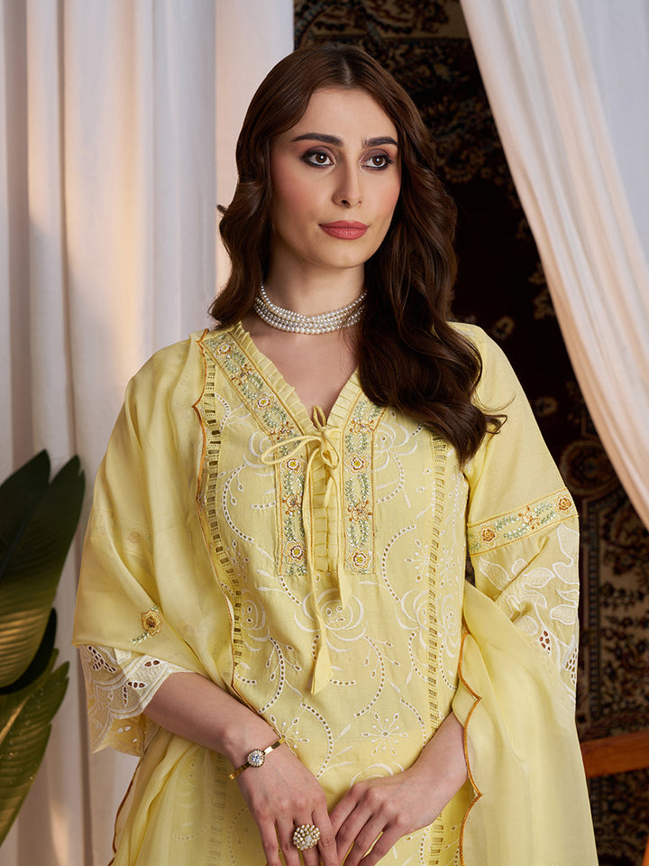 Light-Yellow-Cotton-Schiffli-Embroidered-3-Piece-Kurta-Set