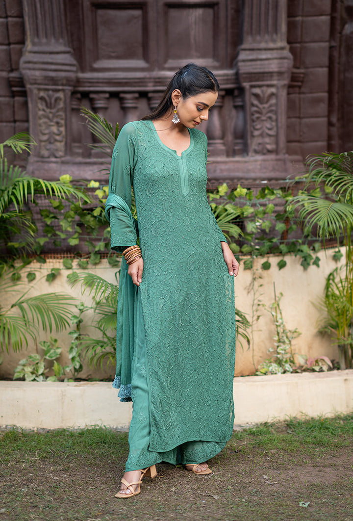 ZERESOUQ-Raina-Green-viscose-chikankari-3-Piece-Kurta-Set