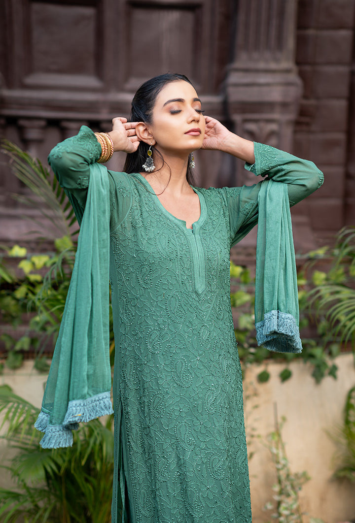 ZERESOUQ-Raina-Green-viscose-chikankari-3-Piece-Kurta-Set