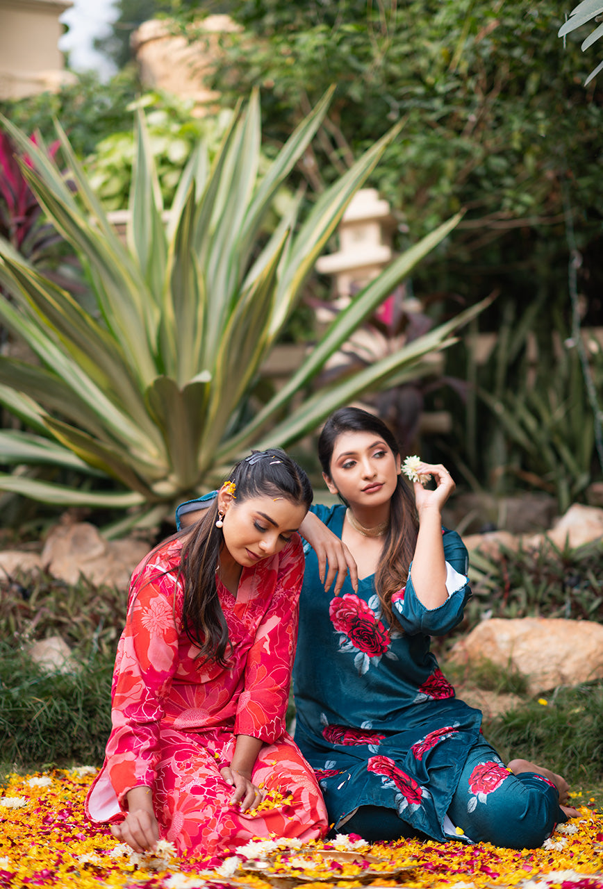 ZERESOUQ-Pink-Print-Velvet-2-Piece-Kurta-Set