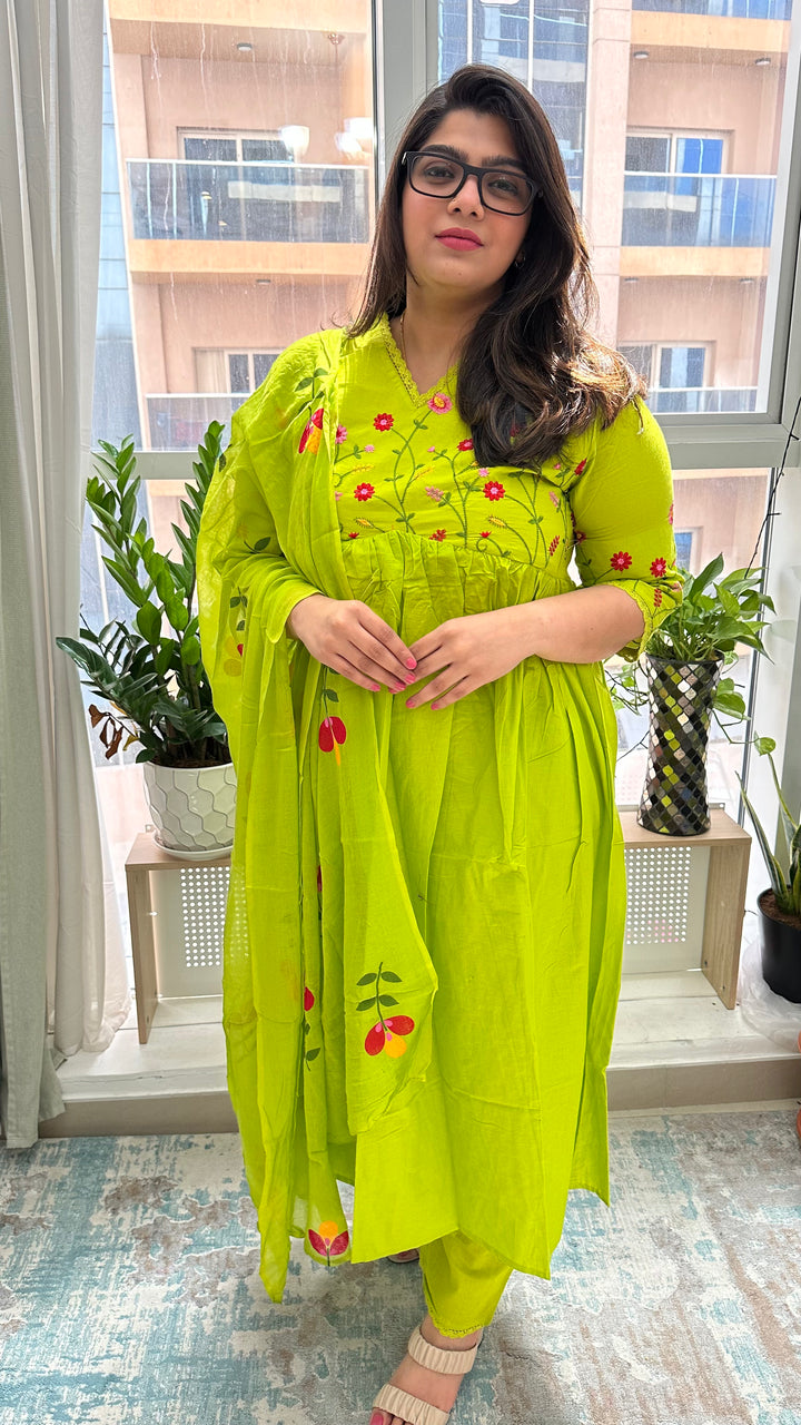 Lime Green Cotton Embroidered Gulbahaar Anarkali  Set