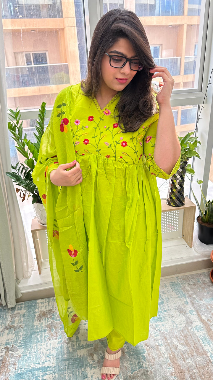 Lime Green Cotton Embroidered Gulbahaar Anarkali  Set