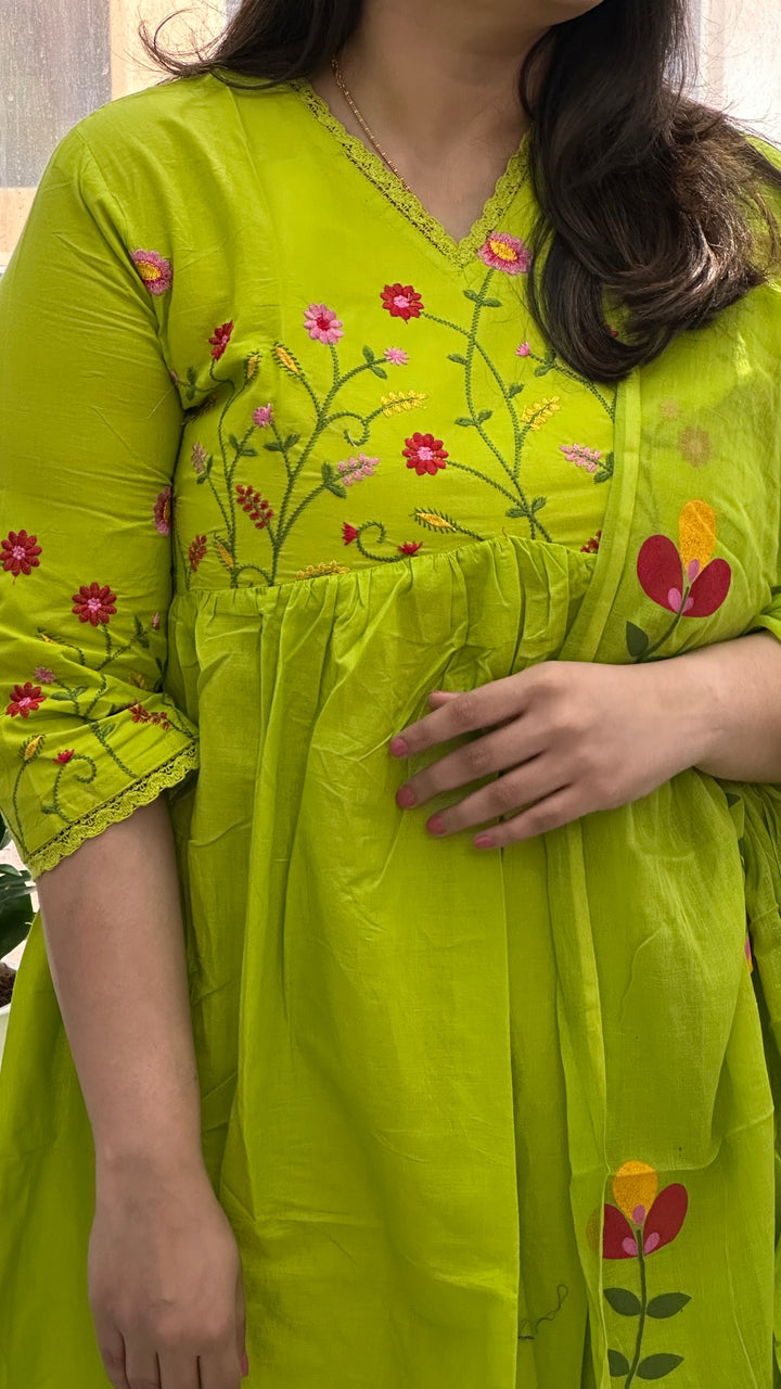 Lime Green Cotton Embroidered Gulbahaar Anarkali  Set