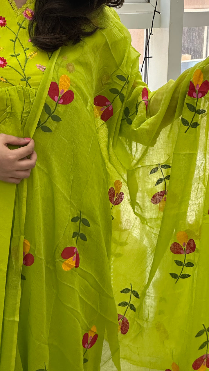 Lime Green Cotton Embroidered Gulbahaar Anarkali  Set
