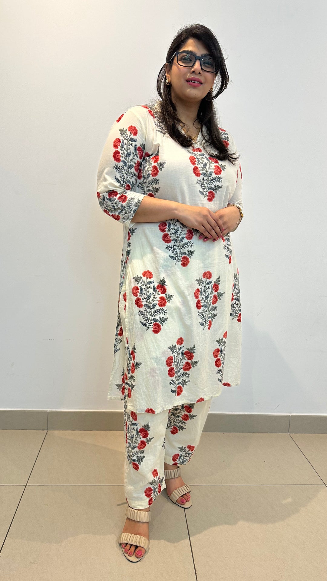 Off-White Cotton Zehra Red Petal Suit Set